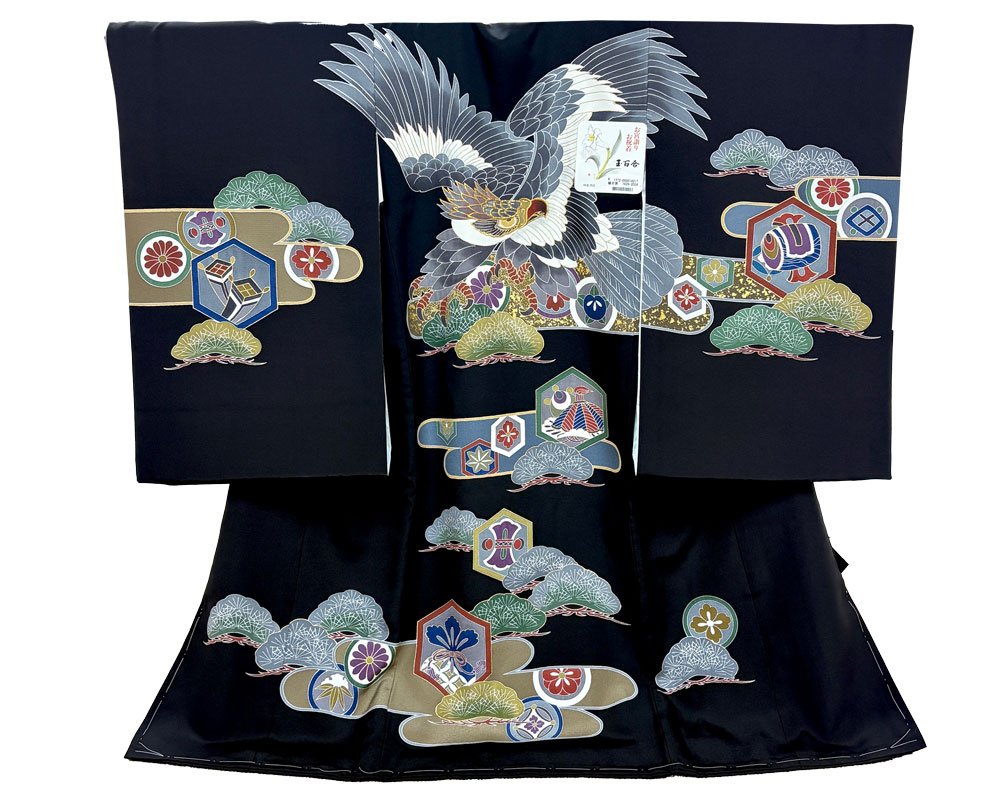 【新品】七五三 3歳 男児 レンタル -手描き正絹- 黒01 鷹に松