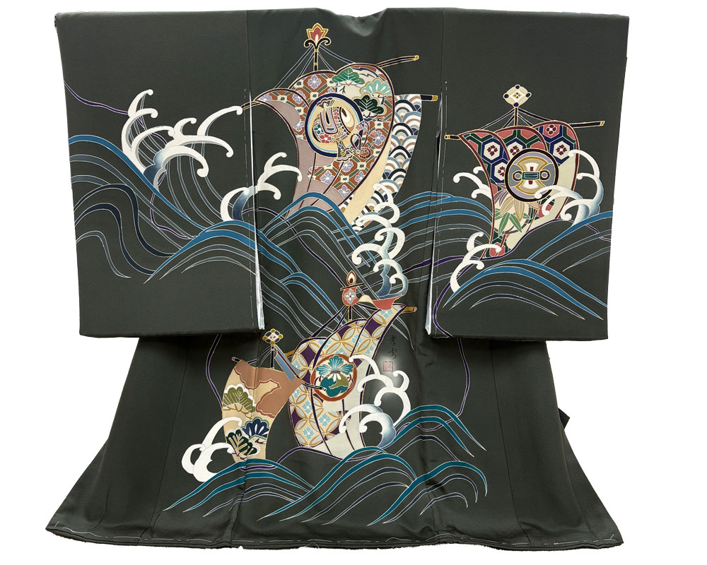 【新品】七五三 3歳 男児 レンタル -手描き正絹- 深緑 宝船