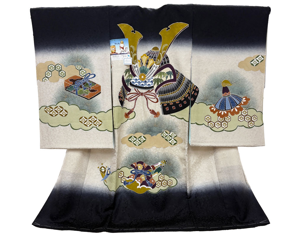【新品】七五三 3歳 男児 レンタル -手描き正絹- 黒白 兜