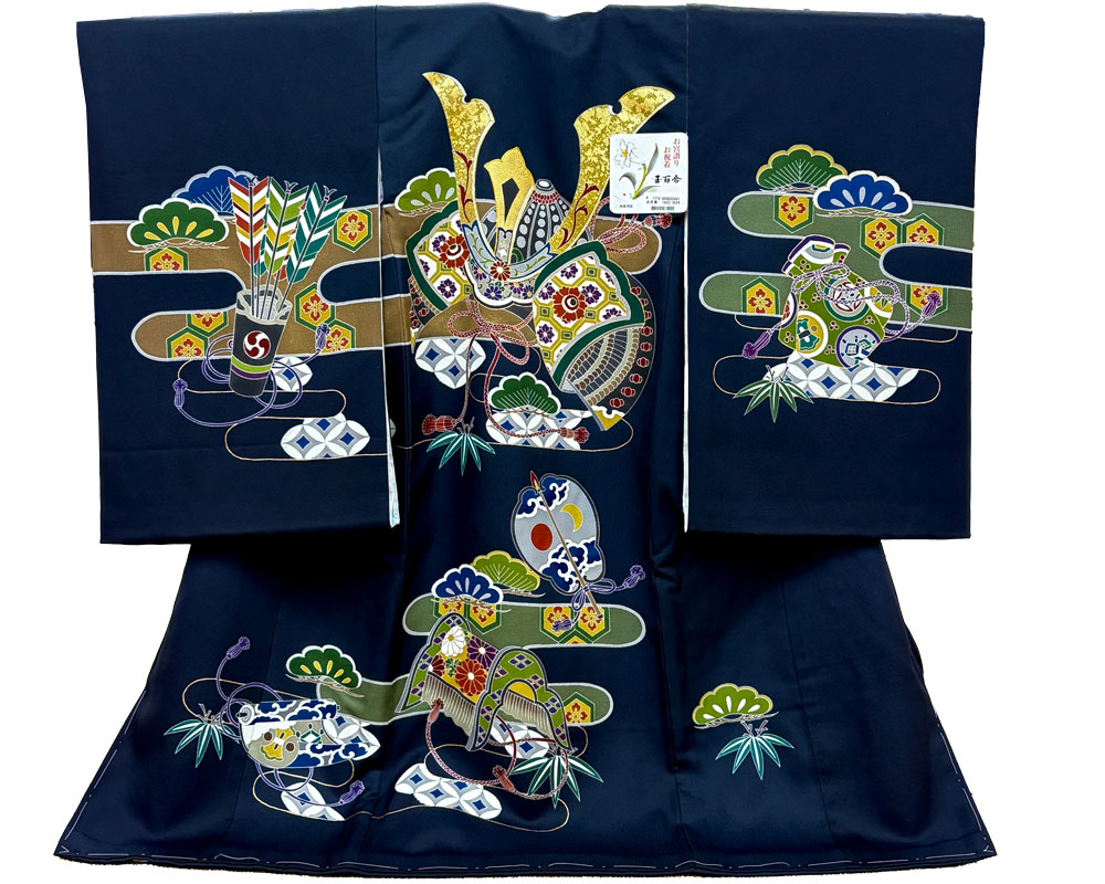 【新品】七五三 3歳 男児 レンタル -手描き正絹- 紺01 兜