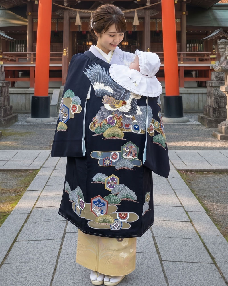 【新品】お宮参り 男児 産着 レンタル -手描き正絹- 黒01 鷹に松