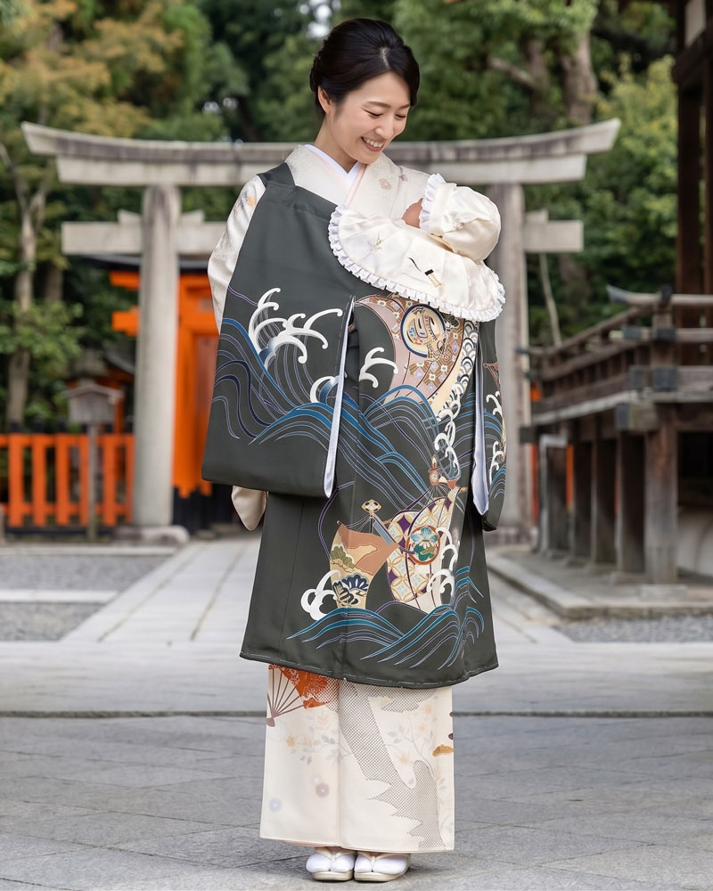 【新品】お宮参り 男児 産着 レンタル -手描き正絹- 深緑 宝船