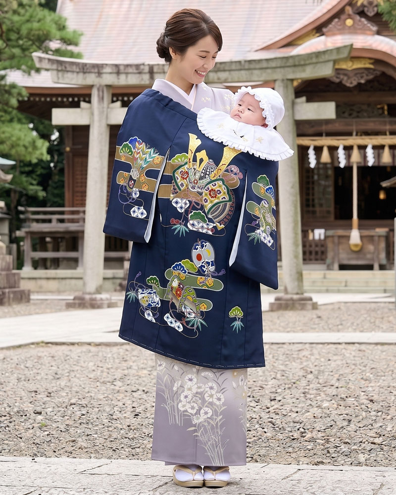 【新品】お宮参り 男児 産着 レンタル -手描き正絹- 紺01 兜