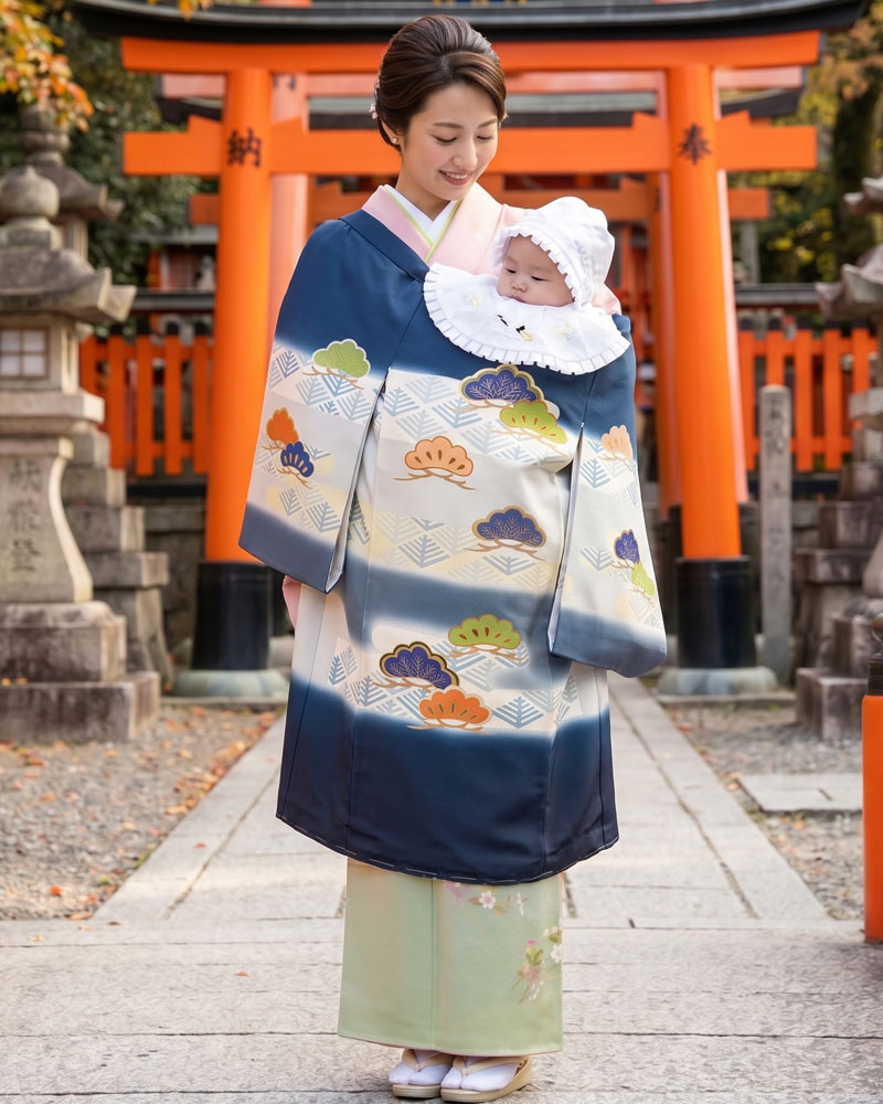 【新品】お宮参り 男児 産着 レンタル -手描き正絹- 紺白 松