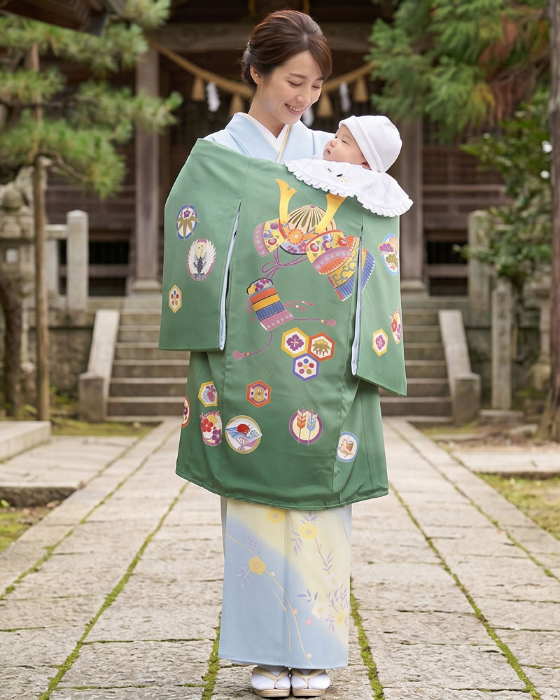 【新品】お宮参り 男児 産着 レンタル -手描き正絹- 緑 兜