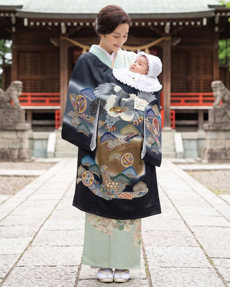 【新品】お宮参り 男児 産着 レンタル -手描き正絹- 黒02 鷹に松