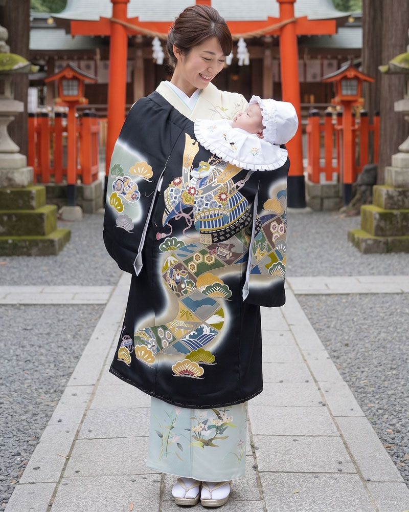 【新品】お宮参り 男児 産着 レンタル -手描き正絹- 黒 兜