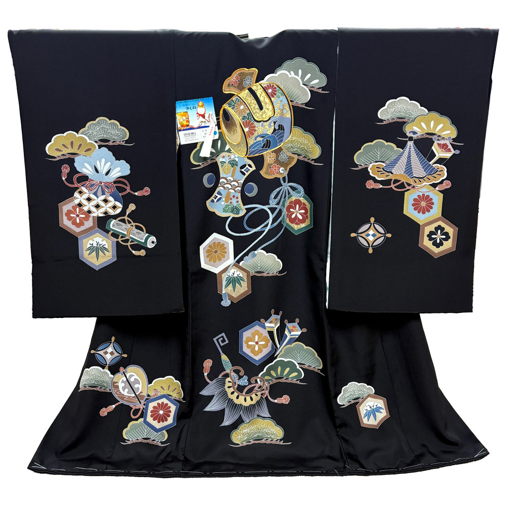 【新品】七五三 3歳 男児 レンタル -手描き正絹- 黒 太鼓