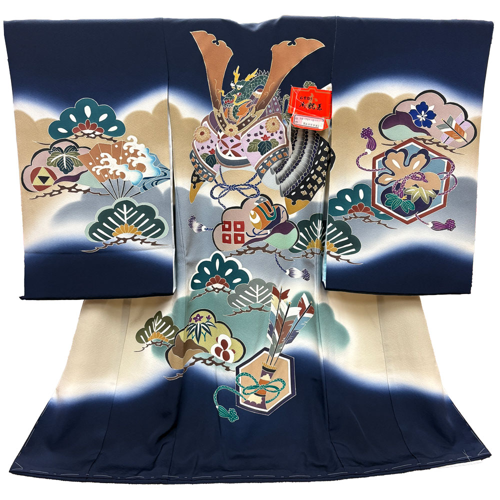 【新品】七五三 3歳 男児 レンタル -手描き正絹- 紺02 兜