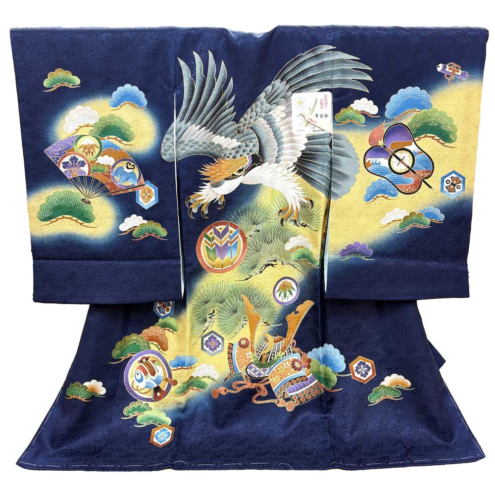 【新品】七五三 3歳 男児 レンタル -手描き正絹- 紺 鷹