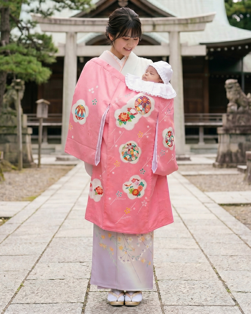 【新品】お宮参り 女児 産着 レンタル -手描き正絹-ピンク01