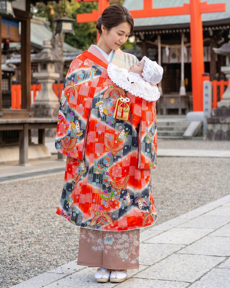 お宮参り 女児 産着 レンタル -手描き正絹- 赤黒