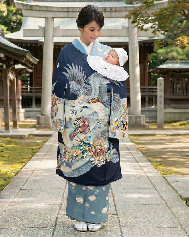 お宮参り 男児 産着 レンタル -手描き正絹-紺04 鷹