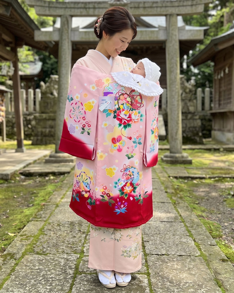 【新品】お宮参り 女児 産着 レンタル -手描き正絹- ピンク赤