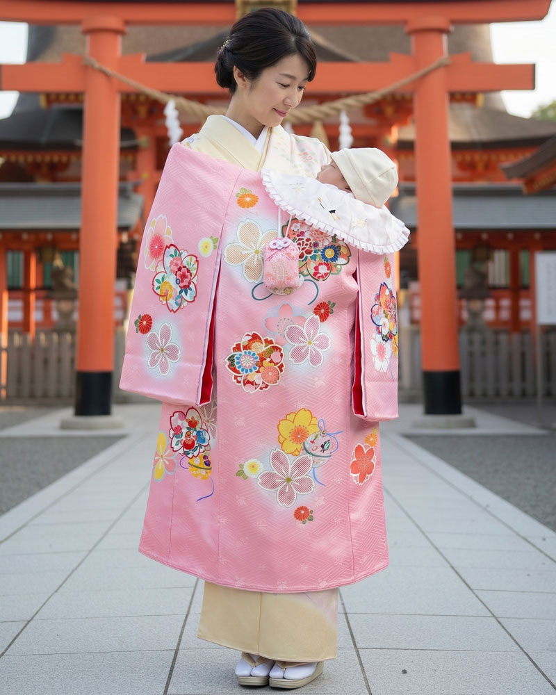 【新品】お宮参り 女児 産着 レンタル -手描き正絹- ピンク03