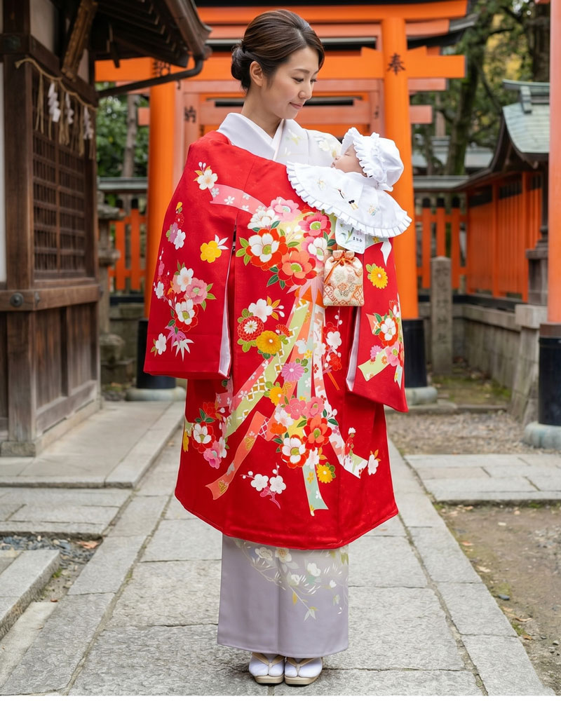 【新品】お宮参り 女児 産着 レンタル -手描き正絹- 赤02