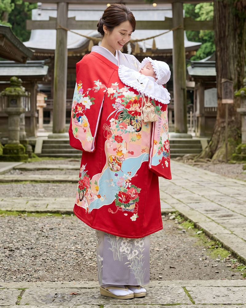 【新品】お宮参り 女児 産着 レンタル -手描き正絹- 赤04