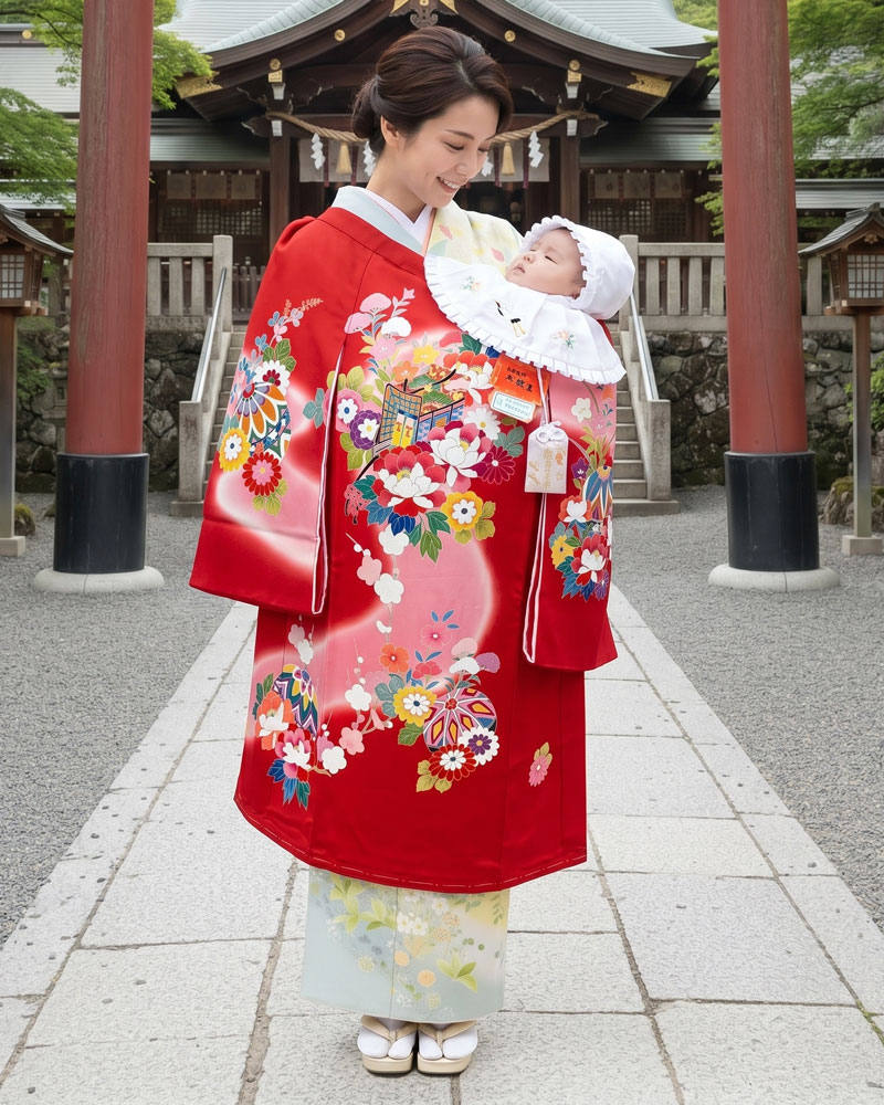 【新品】お宮参り 女児 産着 レンタル -手描き正絹- 赤05