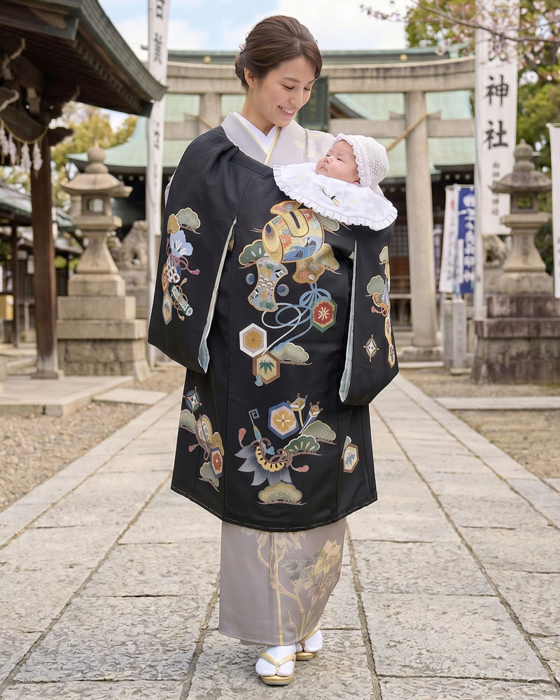 【新品】お宮参り 男児 産着 レンタル -手描き正絹- 黒 太鼓