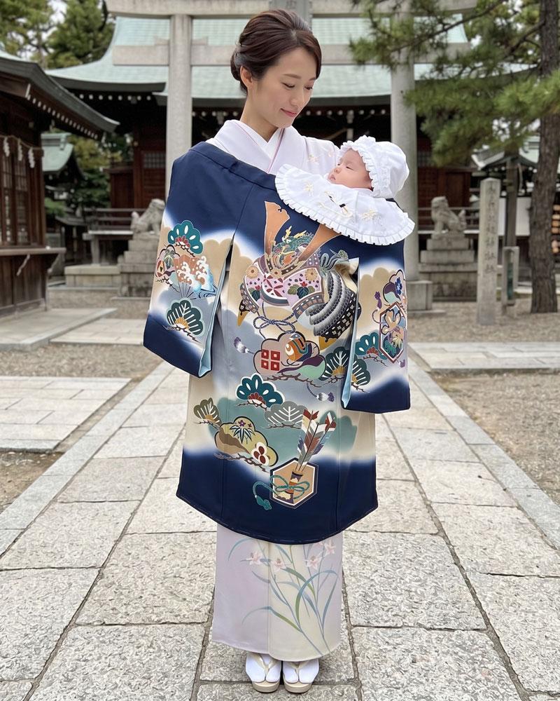 【新品】お宮参り 男児 産着 レンタル -手描き正絹-紺02 兜