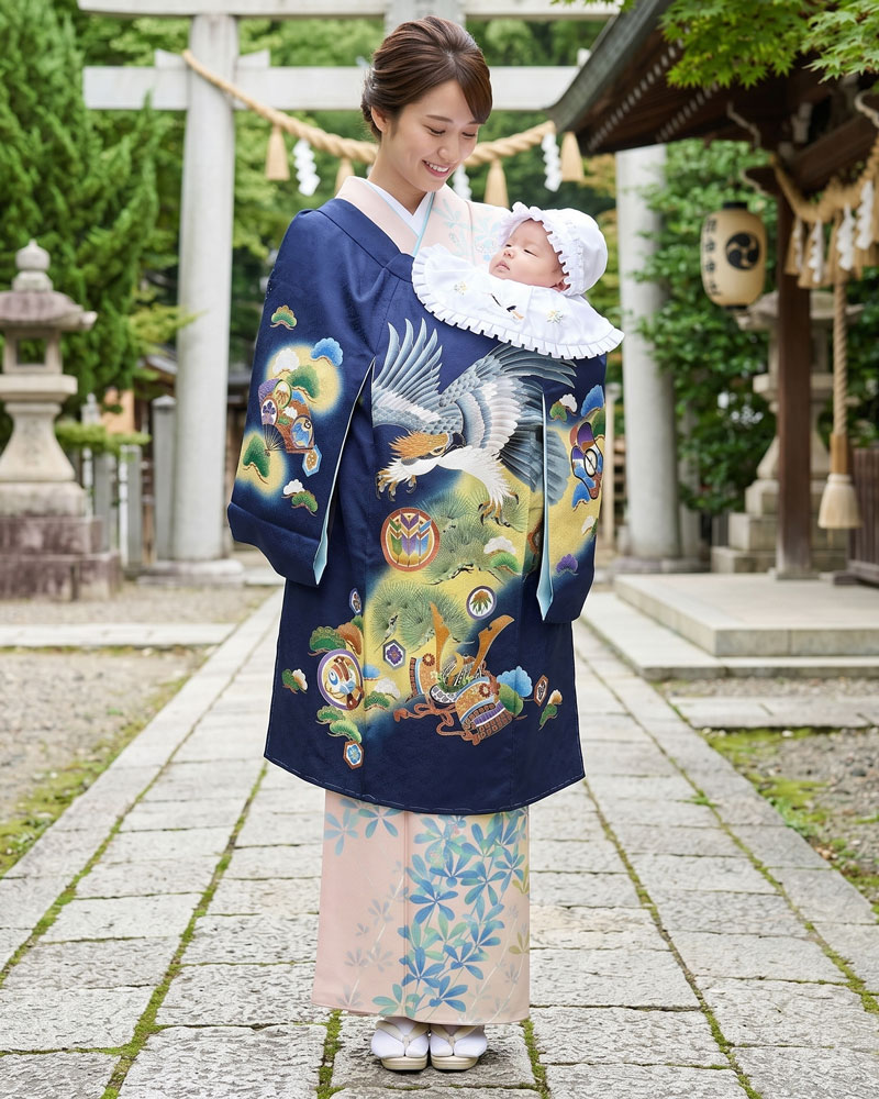 【新品】お宮参り 男児 産着 レンタル -手描き正絹-紺 鷹