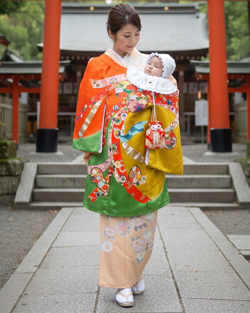 【新品】お宮参り 女児 産着 レンタル -手描き正絹- オレンジ緑