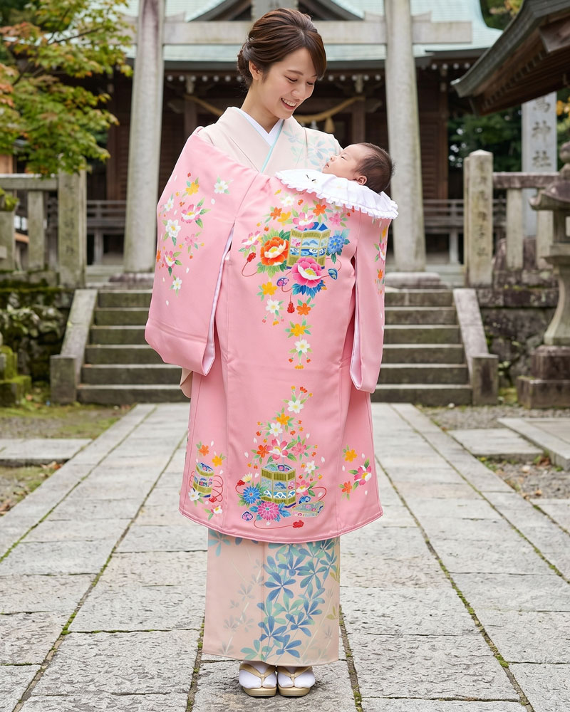 【新品】お宮参り 女児 産着 レンタル -加賀友禅-ピンク