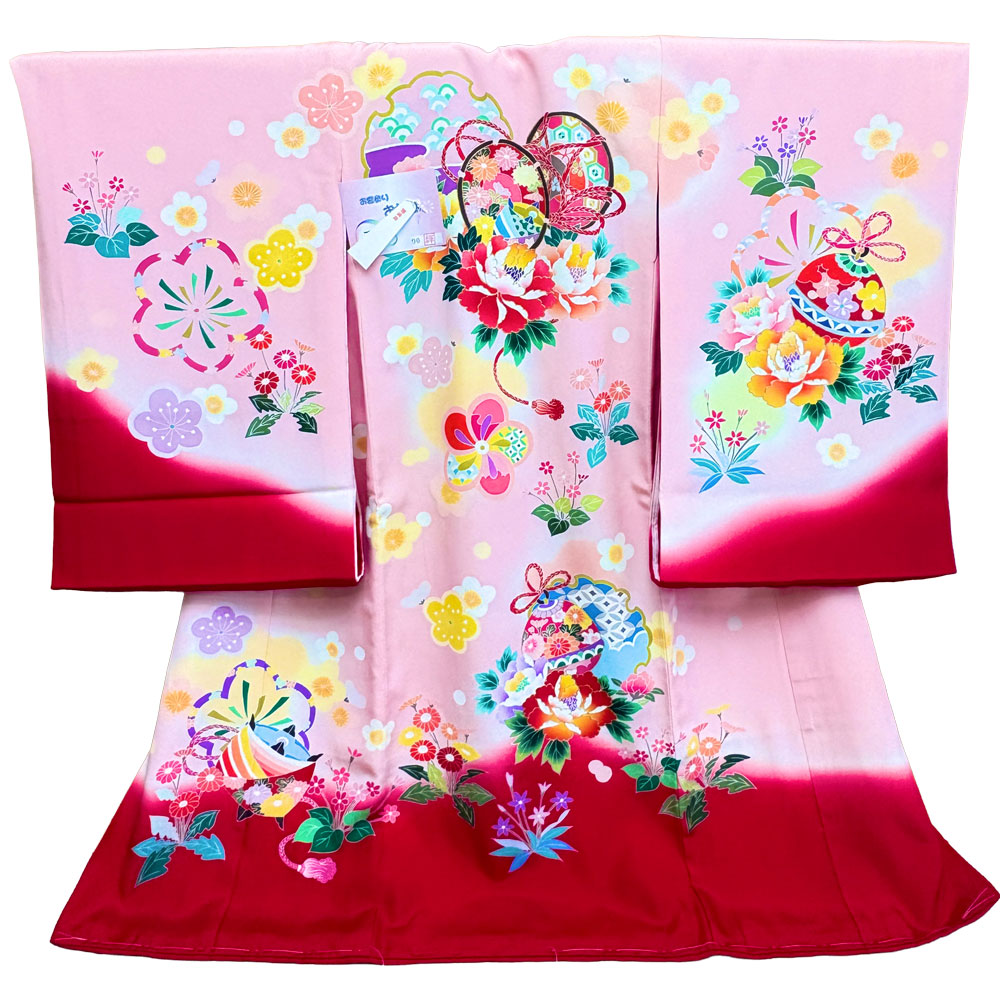 【新品】七五三 3歳 女児 レンタル -手描き正絹- ピンク赤