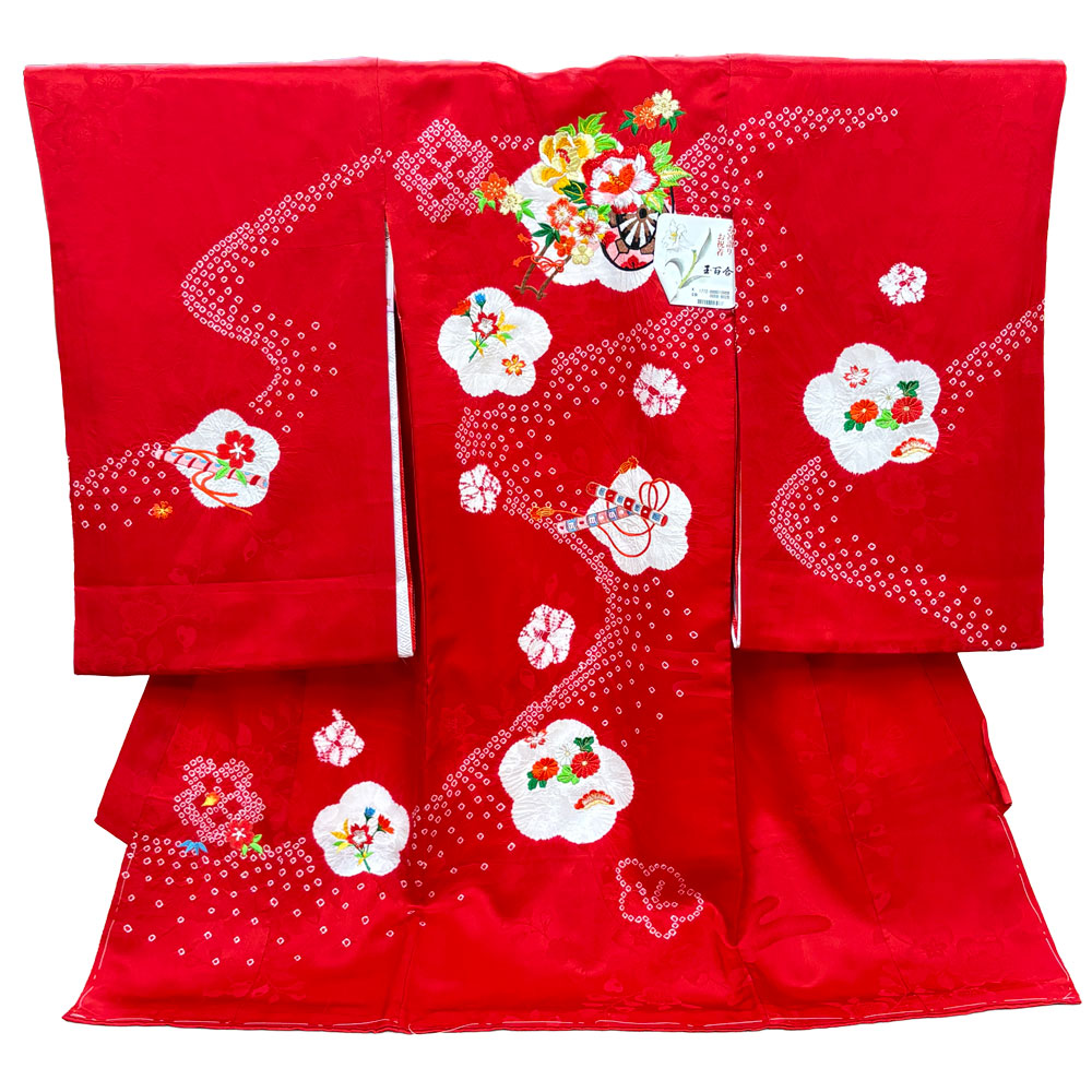 【新品】七五三 3歳 女児 レンタル -手描き正絹- 赤 絞り