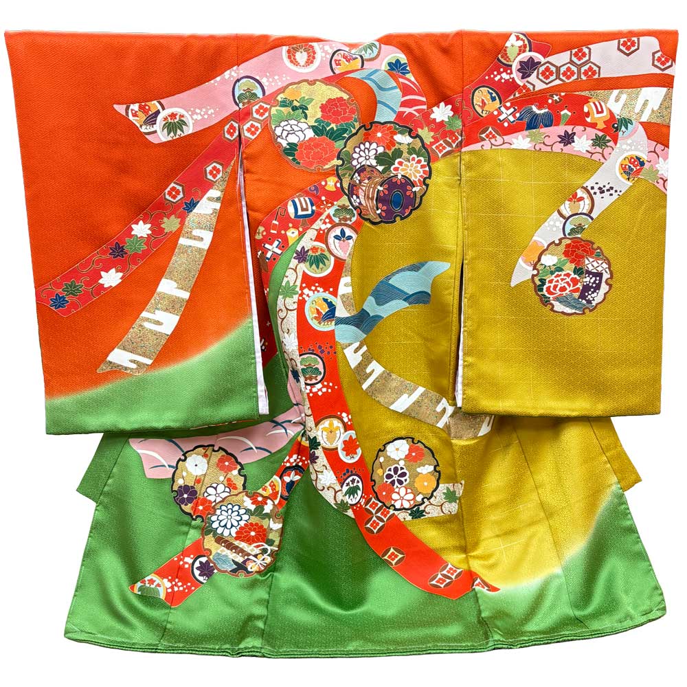 【新品】七五三 3歳 女児 レンタル -手描き正絹- オレンジ緑