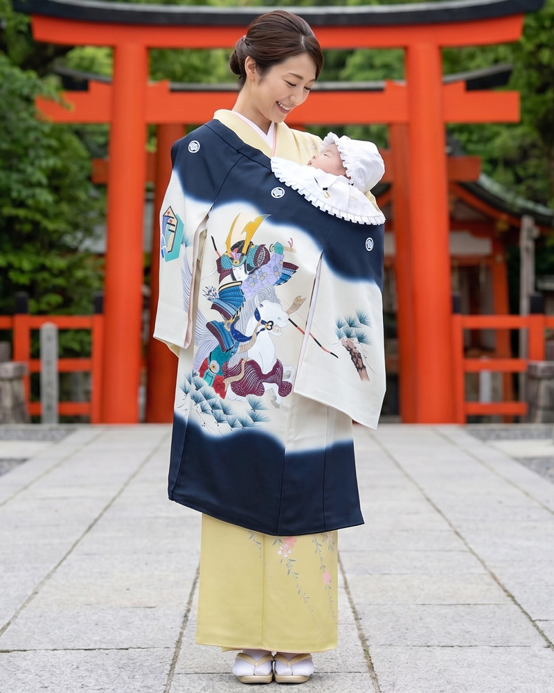 お宮参り 男児 産着 レンタル -手描き正絹-紺 武士