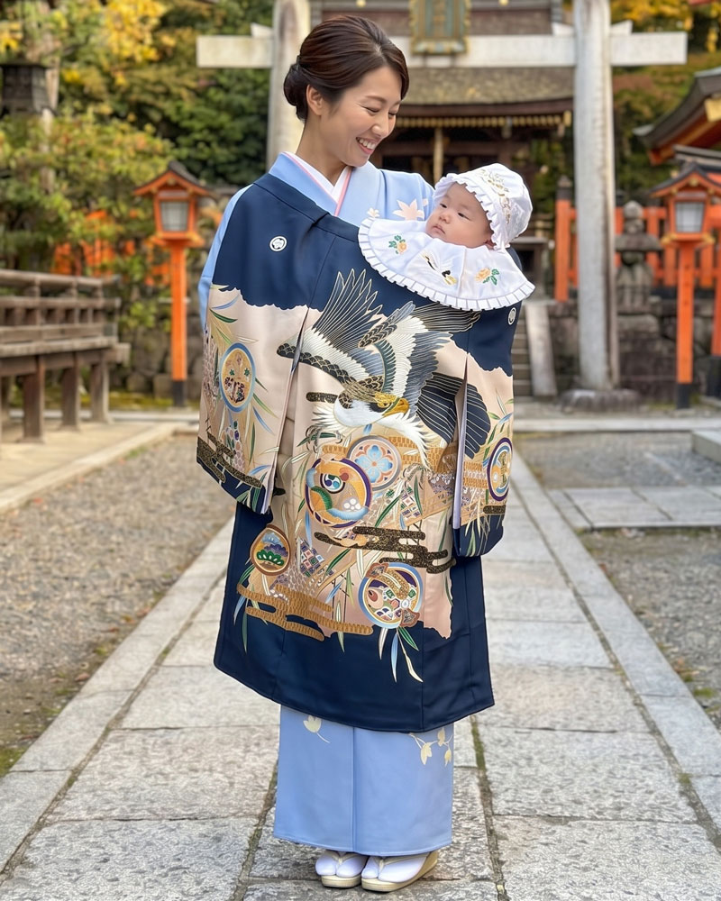 お宮参り 男児 産着 レンタル -手描き正絹-紺01 鷹