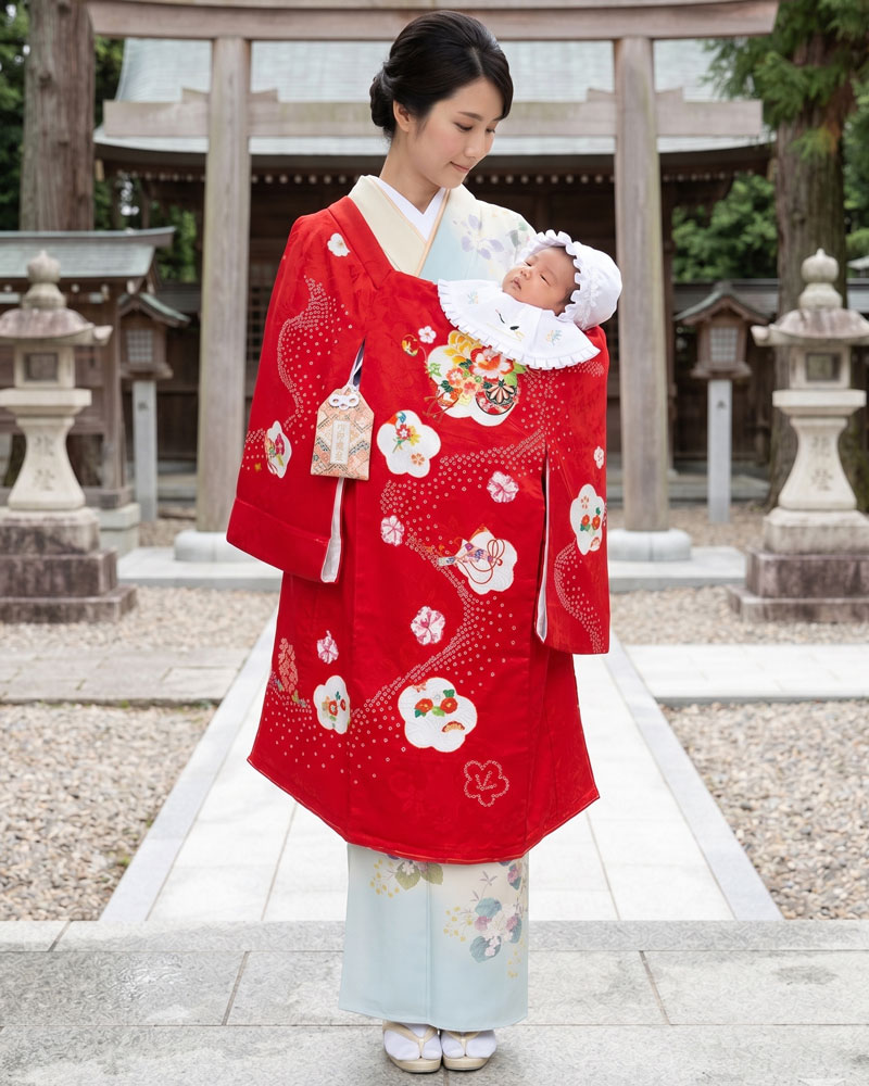 【新品】お宮参り 女児 産着 レンタル -手描き正絹- 赤 絞り