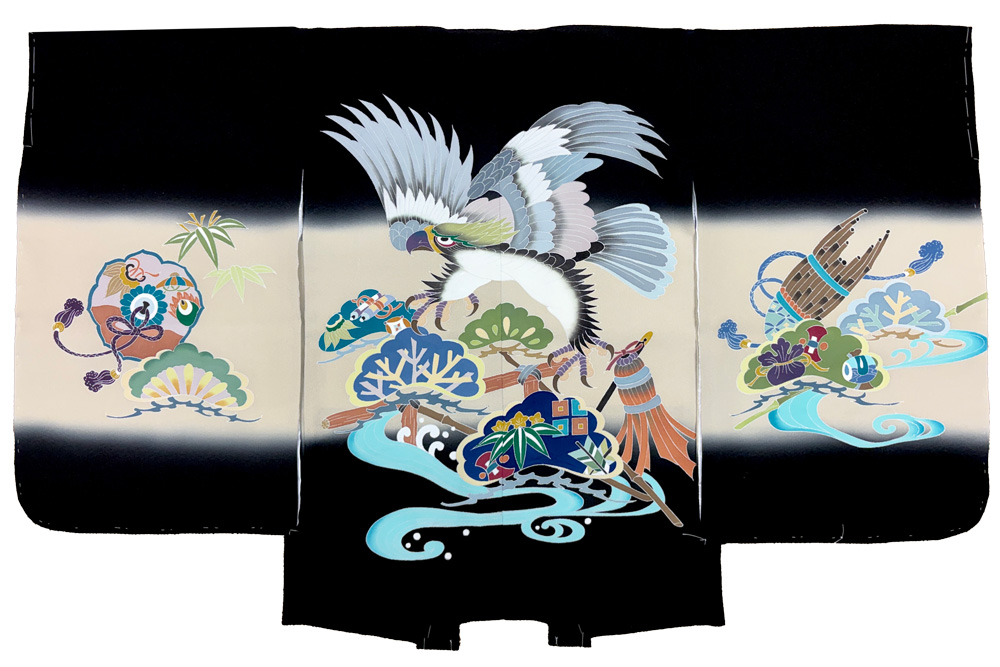 【新品】七五三 5歳 男児 レンタル -手描き正絹- 黒 鷹