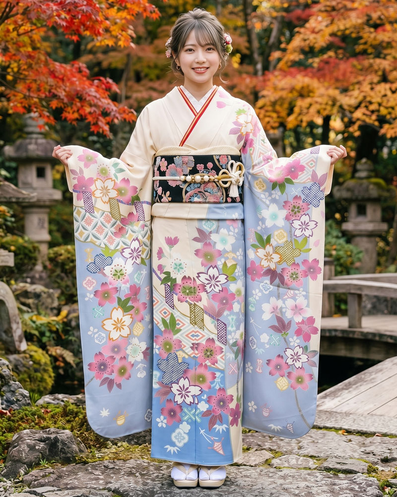 加賀友禅 振袖 大久保謙一『桜幔幕模様』黄/水色