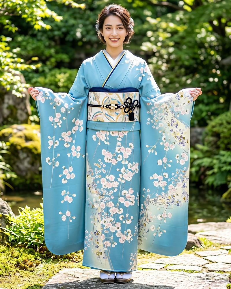 加賀友禅 振袖 茶谷孝志『桜花爛漫慢幕』水色