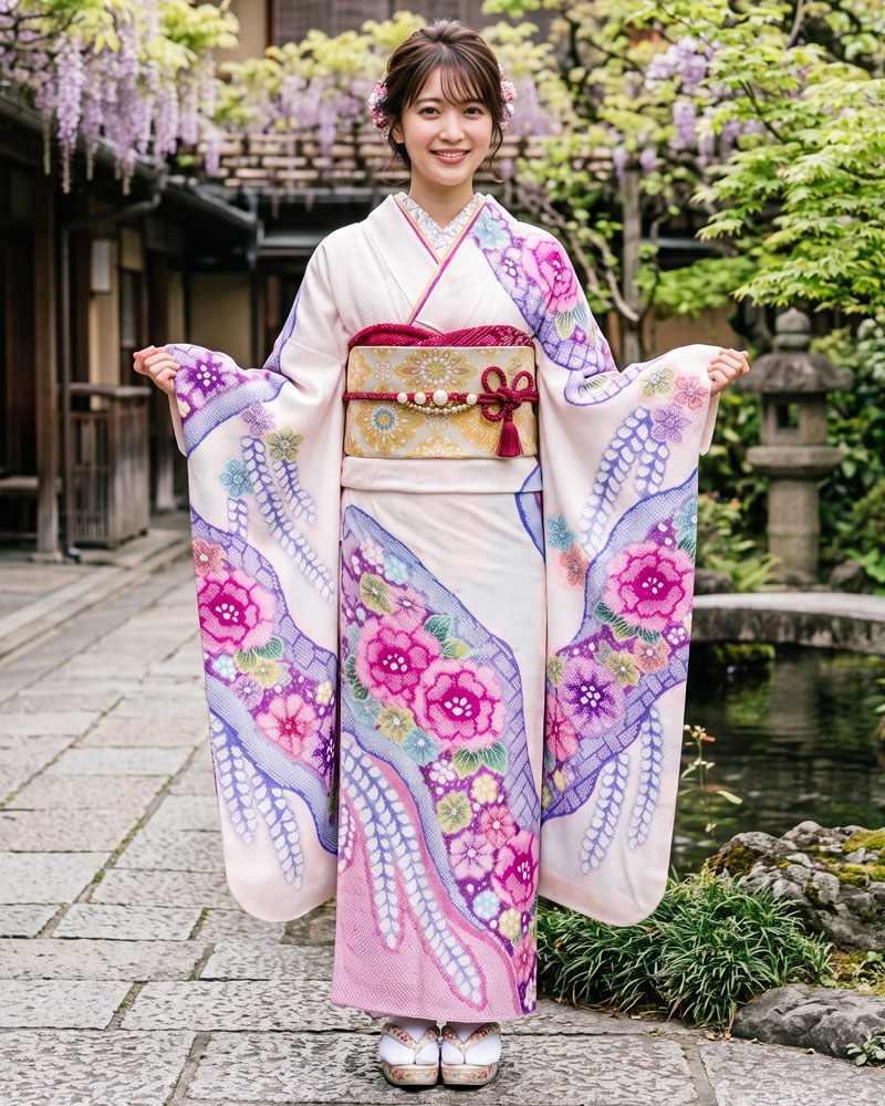 藤娘きぬたや 総絞り振袖 白ピンク
