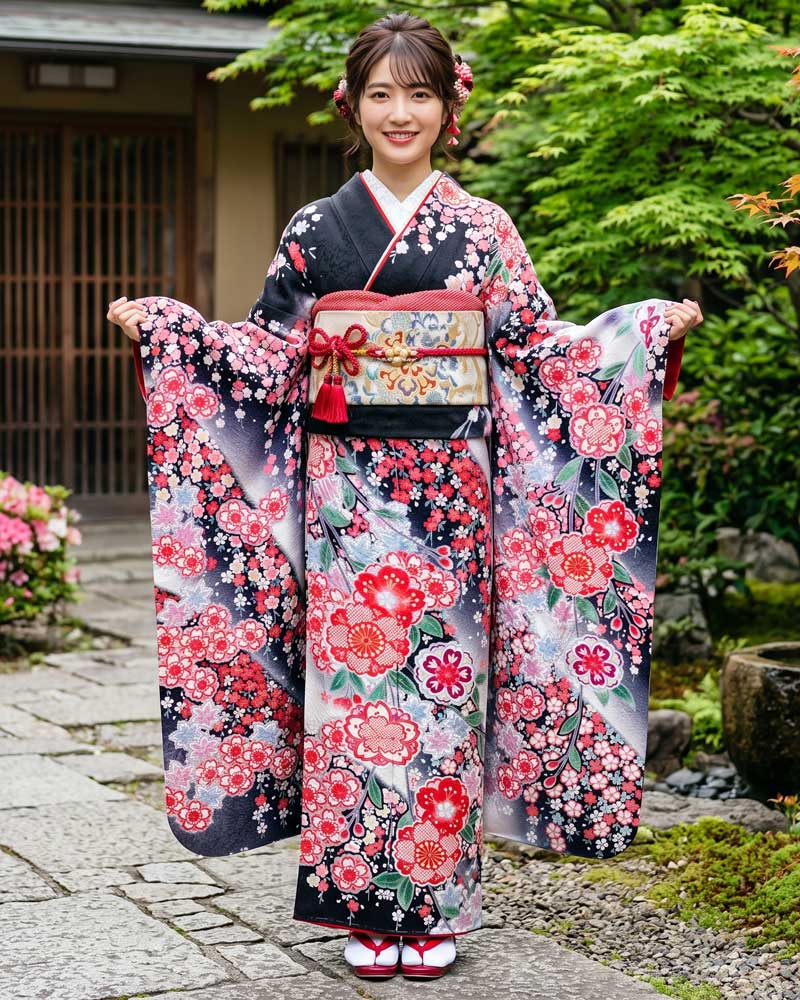 十日町友禅 -振袖 – 部分絞り -黒19