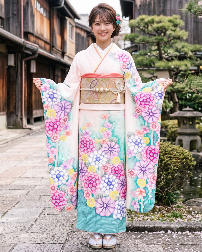 総絞り振袖レンタル – 藤娘きぬたや – 芦田愛菜様着用デザイン – 白ピンク06
