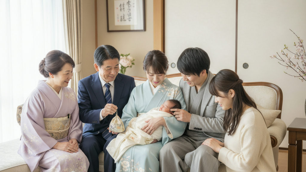 父母、祖父母、娘、赤ちゃんのリビングで赤ちゃんを愛でている画像：いつ、どこで？お宮参りの時期と場所選びのポイントを解説するイメージ（お宮参りとは？赤ちゃんの健やかな成長を願う大切な行事）