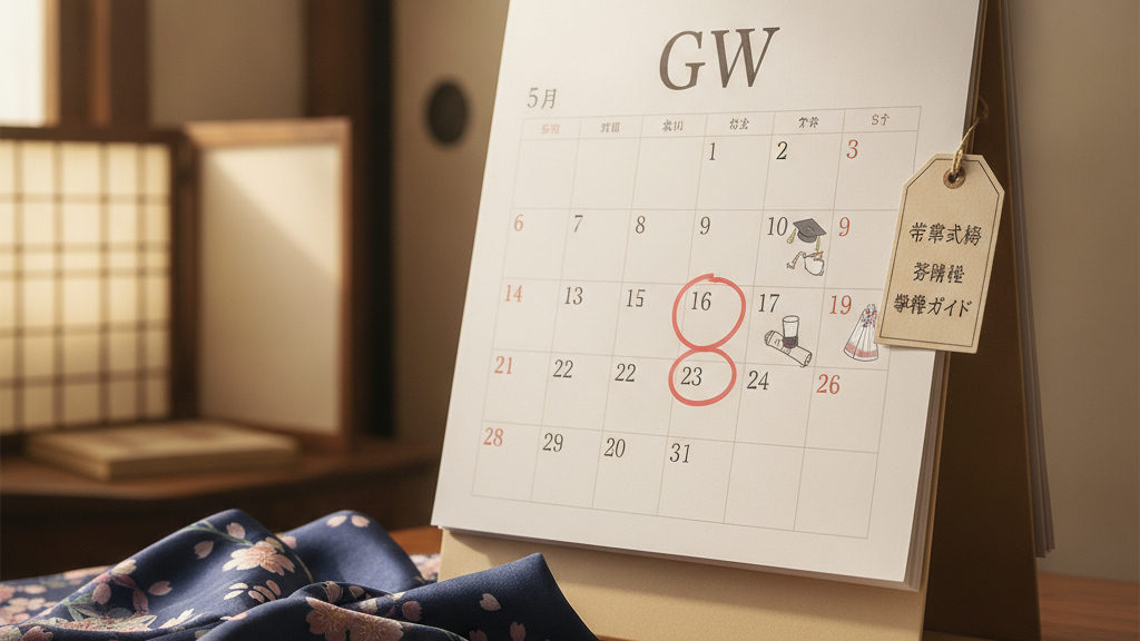 西暦を記載していないGWのカレンダーをかっこよく斜めの近距離からの画角の画像：卒業式袴の「最適な準備時期」と「後悔しない段取りを解説するイメージ（卒業式袴 準備で後悔しない！老舗呉服店が徹底解説）