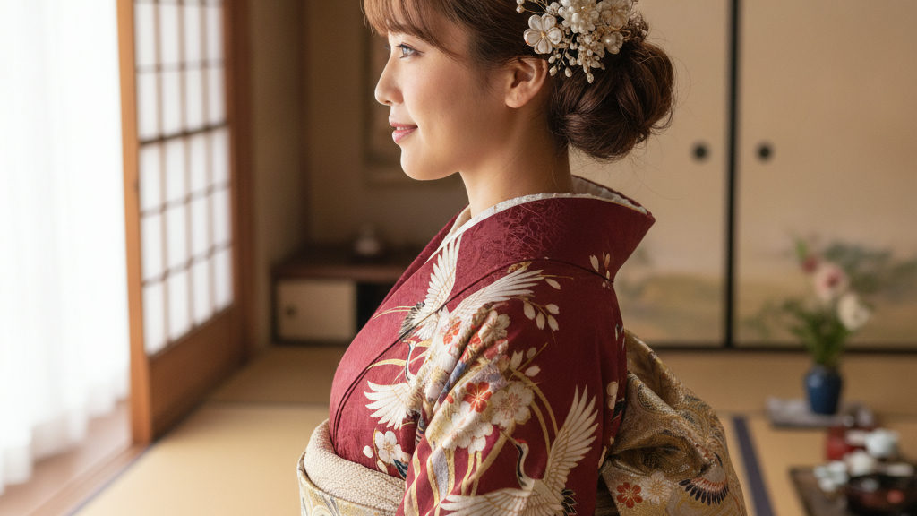 成人式の振袖姿に似合ったミディアムヘアで、定番シニヨンの髪型をした画像:顔タイプ・髪の長さ・振袖の種類別:あなたに似合う振袖の髪型を見つけるを解説するイメージ(振袖に似合う髪型で後悔しない!老舗呉服店が教える上品な装い)