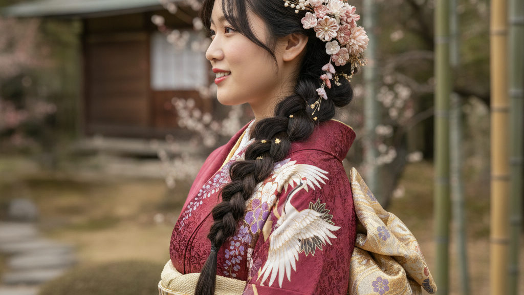 成人式の振袖姿に似合ったロングヘアで、編み下ろしスタイルの髪型をした画像：顔タイプ・髪の長さ・振袖の種類別：あなたに似合う振袖の髪型を見つけるを解説するイメージ（振袖に似合う髪型で後悔しない！老舗呉服店が教える上品な装い）