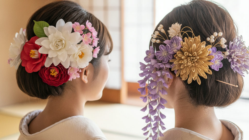 生花・造花の成人式振袖の髪飾り：格式ある装いを引き立てる：振袖の髪飾りの選び方と合わせ方を解説するイメージ（振袖に似合う髪型で後悔しない！老舗呉服店が教える上品な装い）
