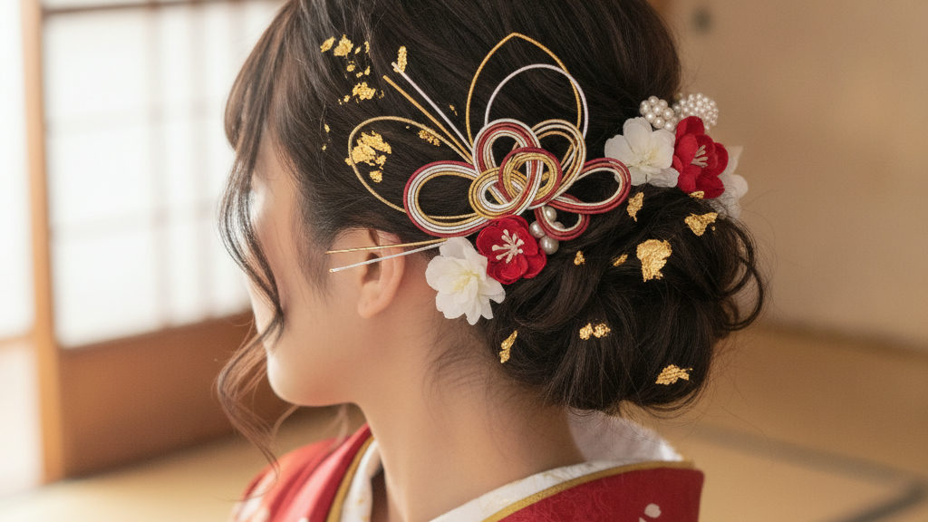 流行りの水引や金箔を使った成人式振袖の髪飾り：格式ある装いを引き立てる：振袖の髪飾りの選び方と合わせ方を解説するイメージ（振袖に似合う髪型で後悔しない！老舗呉服店が教える上品な装い）