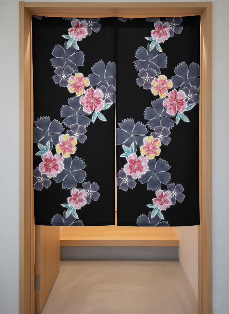 【着物のれん】Kimono Noren 着物リメイク 黒01